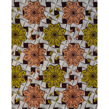 African Print Fabric/ Ankara - Coral, Chartreuse, Brown 'Orisun Celestial Star,' YARD