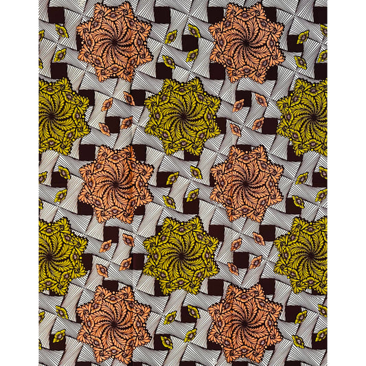 African Print Fabric/ Ankara - Coral, Chartreuse, Brown 'Orisun Celestial Star,' YARD