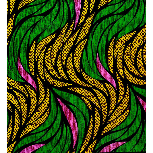 African Print Fabric/ Ankara - Pink, Green, Yellow 'Soji Leaves', YARD or WHOLESALE
