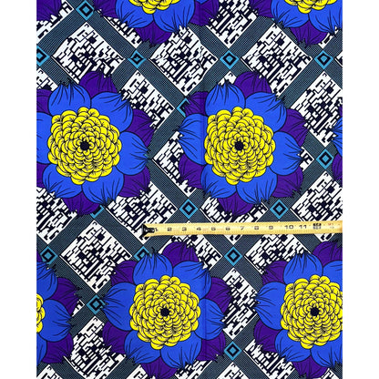 African Print Fabric/ Ankara - Blue, Yellow Purple 'Adinkra Sunflower,’ 1 YARD
