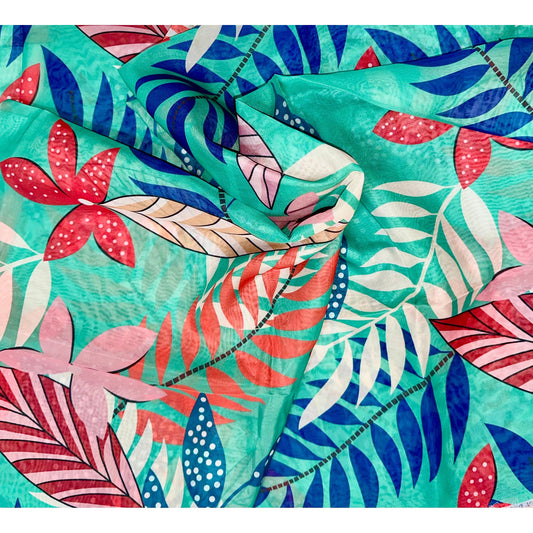 African Print, Chiffon Fabric- Turquoise, Blue, Red, Pink "Hopebloom", ~ 2 Yards