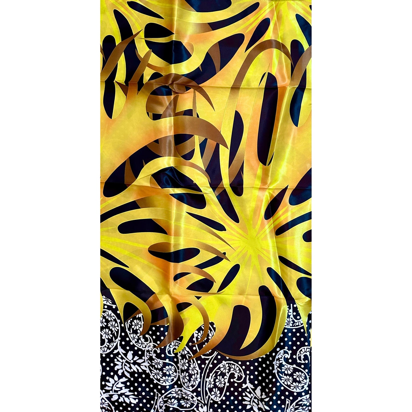 African Print, Satin Fabric- Black, White, Yellow, Gold "Swirl of Ibukun", Yard or Wholesale