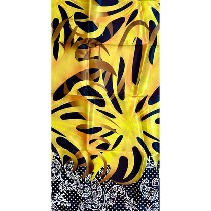 African Print, Satin Fabric- Black, White, Yellow, Gold "Swirl of Ibukun", Yard or Wholesale