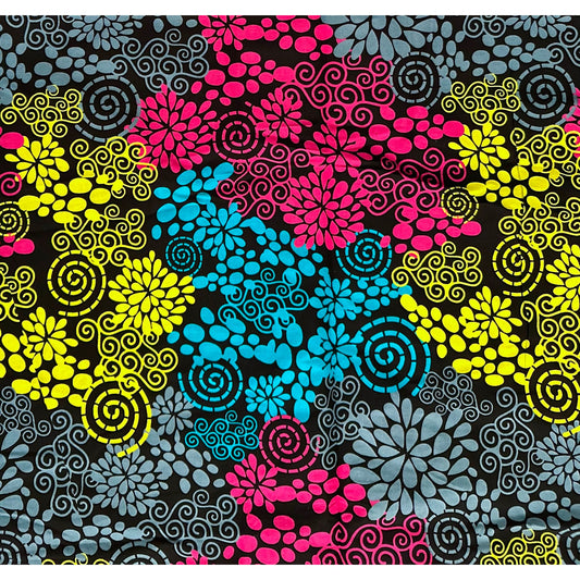 African Fabric/ Ankara - Pink, Blue, Yellow, Gray, Black 'Wedad Bouquet,' Design, YARD or WHOLESALE