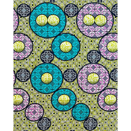 African Print Fabric/ Ankara - Green, Teal, Pink 'Life in Circles', YARD or WHOLESALE