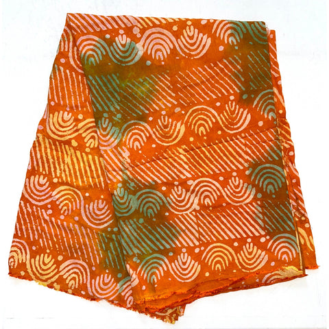 African Print, Rayon Fabric - Orange, Green, Beige "Mahama", Per Yard