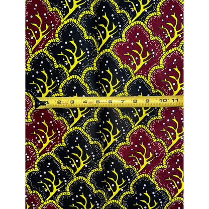 African Print Fabric/ Ankara - Black, Dark Red, Yellow ‘Crown Tides', 1 Yard