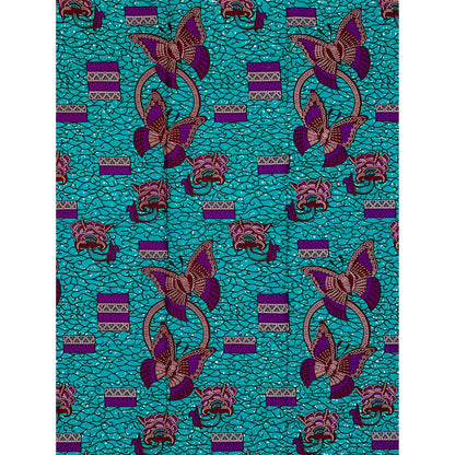 African Print Fabric/ Ankara - Teal, Purple, Brown 'Butterfly Blush,’ 1 YARD
