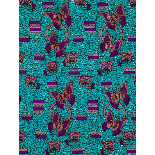 African Print Fabric/ Ankara - Teal, Purple, Brown 'Butterfly Blush,’ 1 YARD