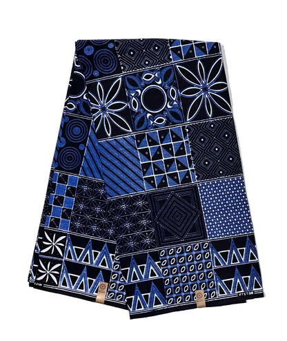 African Print Fabric/ Ankara - Shades of Blue, White 'House of Shapes' Design, YARD or WHOLESALE