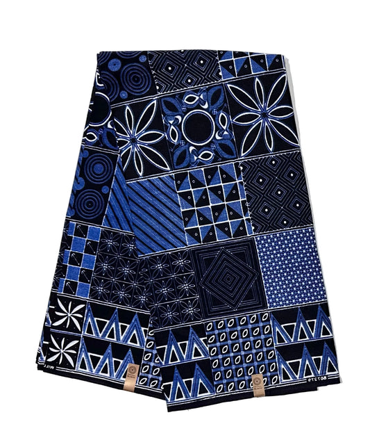 African Print Fabric/ Ankara - Shades of Blue, White 'House of Shapes' Design, YARD or WHOLESALE