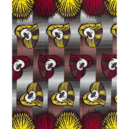 African Print Fabric/Ankara - Brown, Yellow, Red, Beige 'Hearts Unlocked' Design, 1 YARD