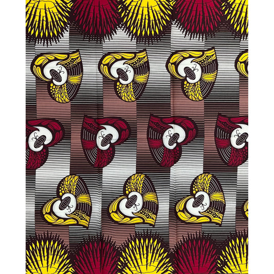 African Print Fabric/Ankara - Brown, Yellow, Red, Beige 'Hearts Unlocked' Design, 1 YARD