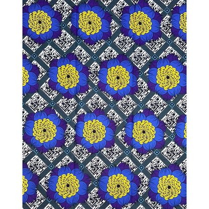 African Print Fabric/ Ankara - Blue, Yellow Purple 'Adinkra Sunflower,’ 1 YARD