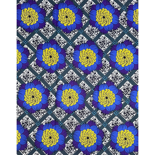 African Print Fabric/ Ankara - Blue, Yellow Purple 'Adinkra Sunflower,’ 1 YARD