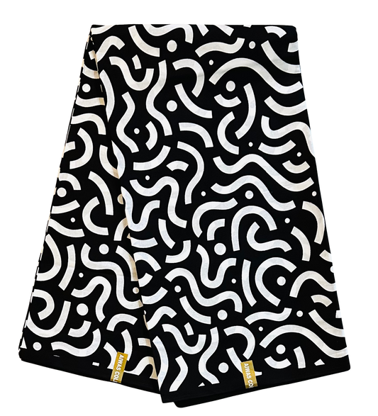 African Print Fabric/ Ankara - Black, White 'Skelewu' Design, YARD or WHOLESALE