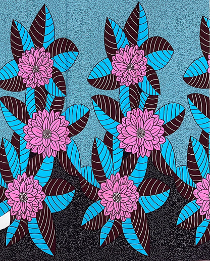 African Print Fabric/ Ankara - Pink, Blue "Tea At Falomo" Design, 1 Yard **Slightly Flawed**