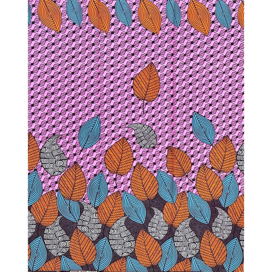 African Print Fabric/ Ankara - Pink, Orange, Gray, Brown 'Gathered Leaves', 1 YARD