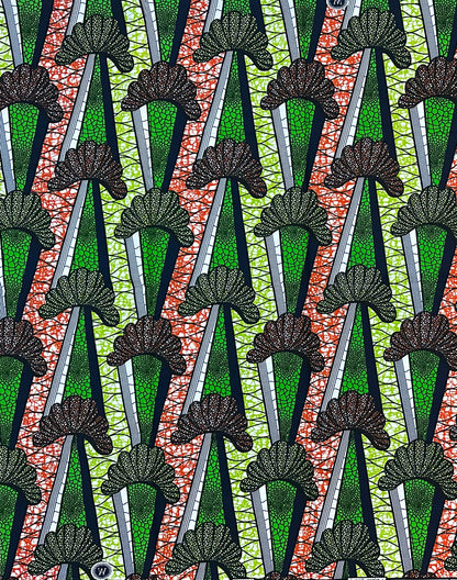 African Print Fabric/ Ankara - Orange, Green, Navy 'Roots & Routes' Design, 1 Yard