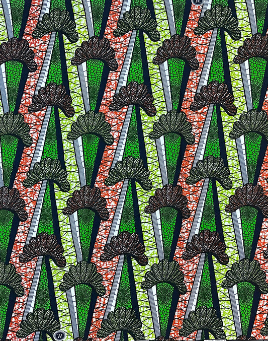 African Print Fabric/ Ankara - Orange, Green, Navy 'Roots & Routes' Design, 1 Yard