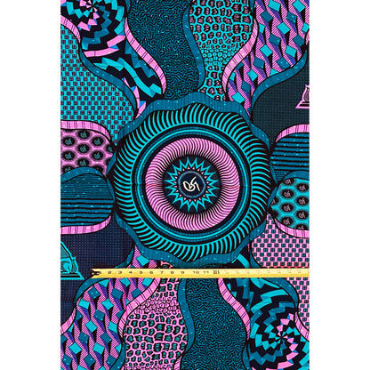 African Print Fabric/ Ankara - Teal, Pink, Navy, Black ‘Heart of Ile ' Design, 1 YARD