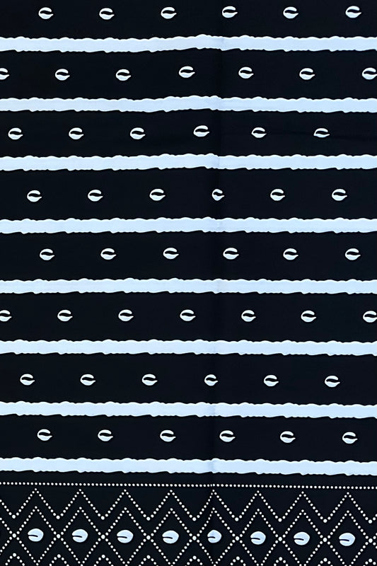 African Print Fabric/ Ankara - Black, White 'Shells & Stripes' Design, YARD or WHOLESALE