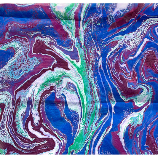 African Print, Chiffon Fabric - Blue, Purple, Green "Wasi Whirl", ~2 Yards