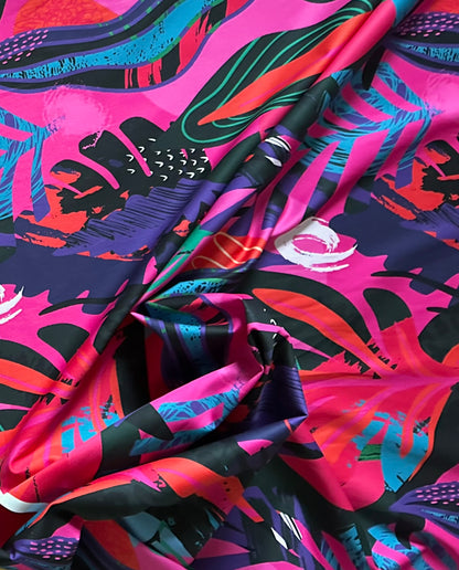 African Print, Stretch Cotton Satin Fabric- Shades of Pink, Purple, Red, Green, Blue, Black "Kalahari Camo", Per Yard