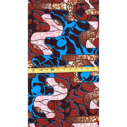 African Print Fabric/ Ankara - Brown, Blue, Pink 'Akanba ', 1 YARD