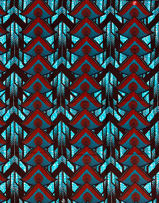African Print Fabric/ Ankara - Teal, Dark Orange 'Kiongozi Direct' Design, YARD or WHOLESALE