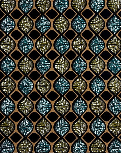 African Print Fabric/ Ankara - Brown, Teal 'Reed Song', 1 Yard