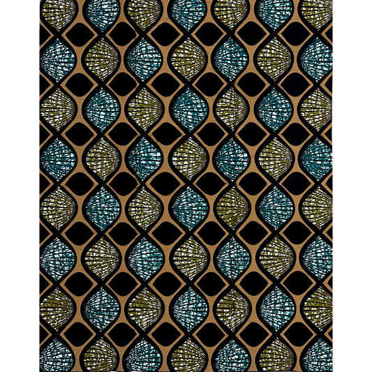 African Print Fabric/ Ankara - Brown, Teal 'Reed Song', 1 Yard