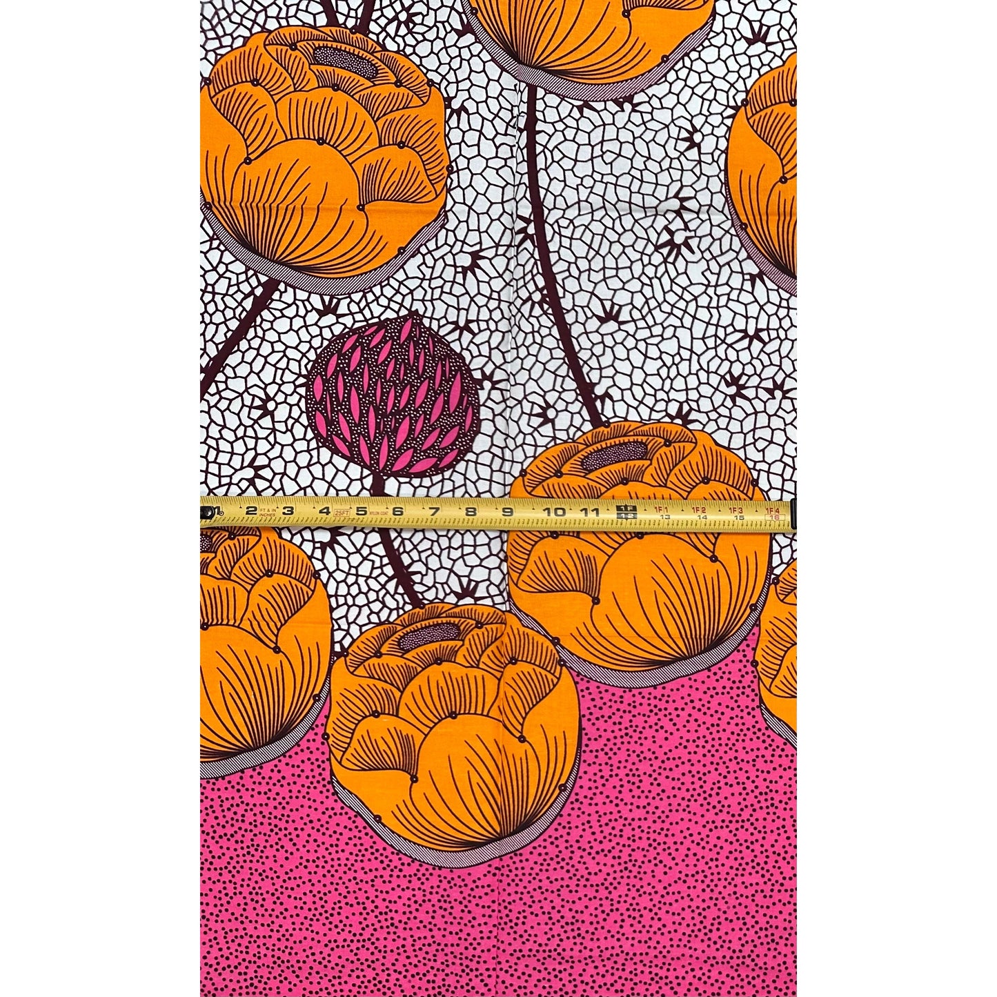 African Print Fabric/ Ankara - Orange, Brown, Pink 'Lotus of the Lagoon' Design, 1 Yard
