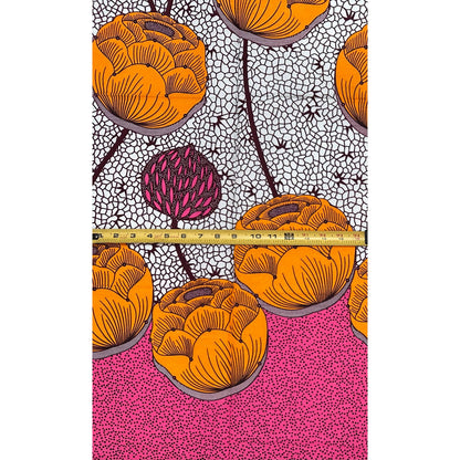 African Print Fabric/ Ankara - Orange, Brown, Pink 'Lotus of the Lagoon' Design, 1 Yard