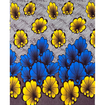 African Print Fabric/ Ankara - Blue, Yellow, Brown 'Sun of Sankofa', 1 YARD