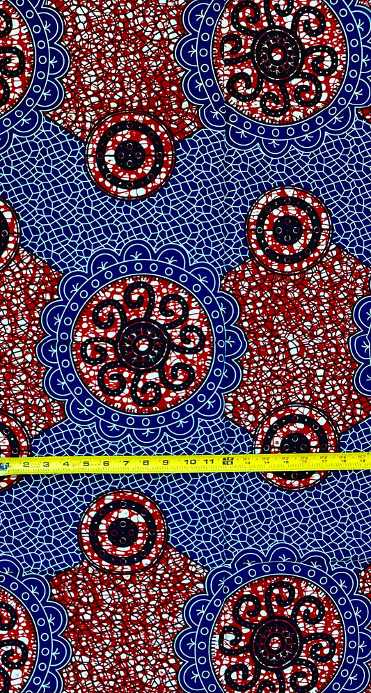 African Print Fabric/ Ankara - Brown, Navy 'Heritage Seal,’ YARD