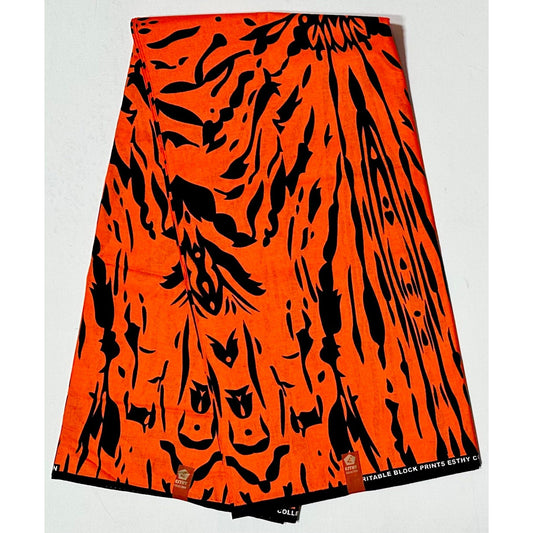 African Print Fabric/ Ankara - Orange, Black 'Fire for Body' Design, YARD or WHOLESALE
