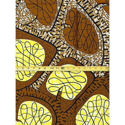African Print Fabric/ Ankara - Brown, Yellow ‘Palmroot', ~1 YARD
