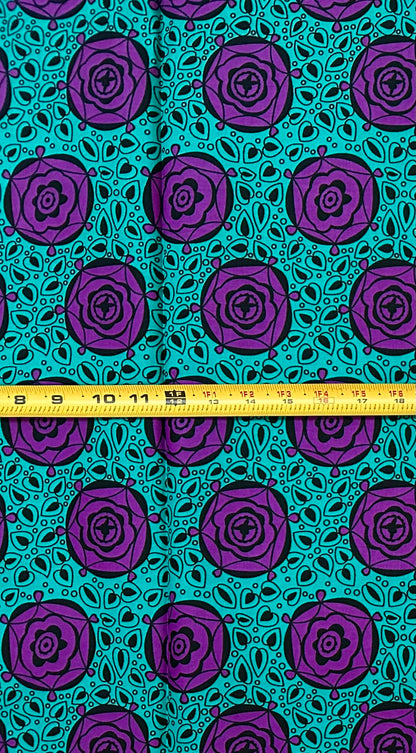 African Print Fabric/ Ankara - Purple, Teal, Black 'Violet Conversations', 1 Yard