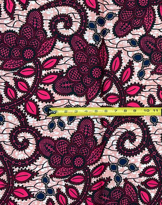 African Print Fabric/ Ankara - Pink, Red, Black “Kijani Bloom', YARD or WHOLESALE