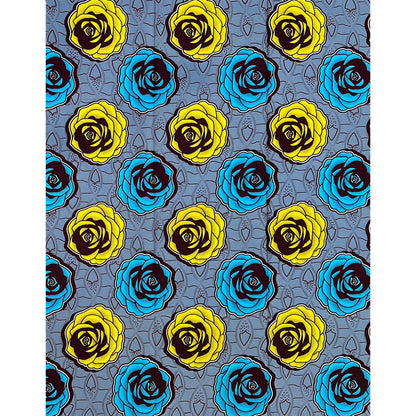 African Print Fabric/ Ankara - Gray, Blue, Yellow “Sugar Rose', YARD or WHOLESALE