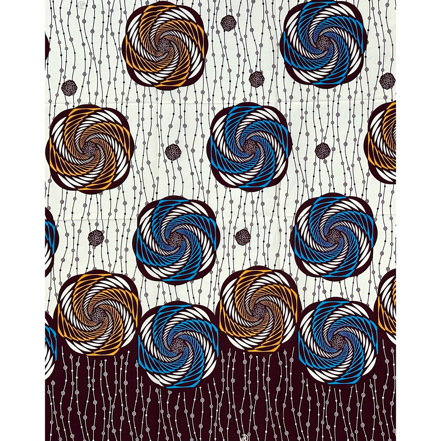 African Print Fabric/ Ankara - Cream, Blue, Brown 'Mzunguko Royale,’ 1 YARD