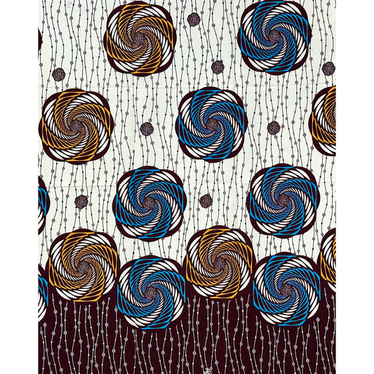 African Print Fabric/ Ankara - Cream, Blue, Brown 'Mzunguko Royale,’ 1 YARD