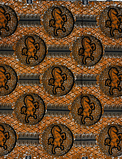 African Print Fabric/ Ankara - Brown, Blue 'Stallions of the Sahel', 1 YARD