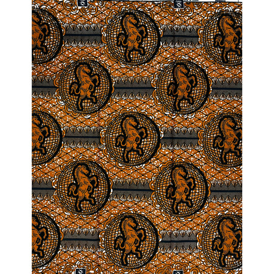 African Print Fabric/ Ankara - Brown, Blue 'Stallions of the Sahel', 1 YARD