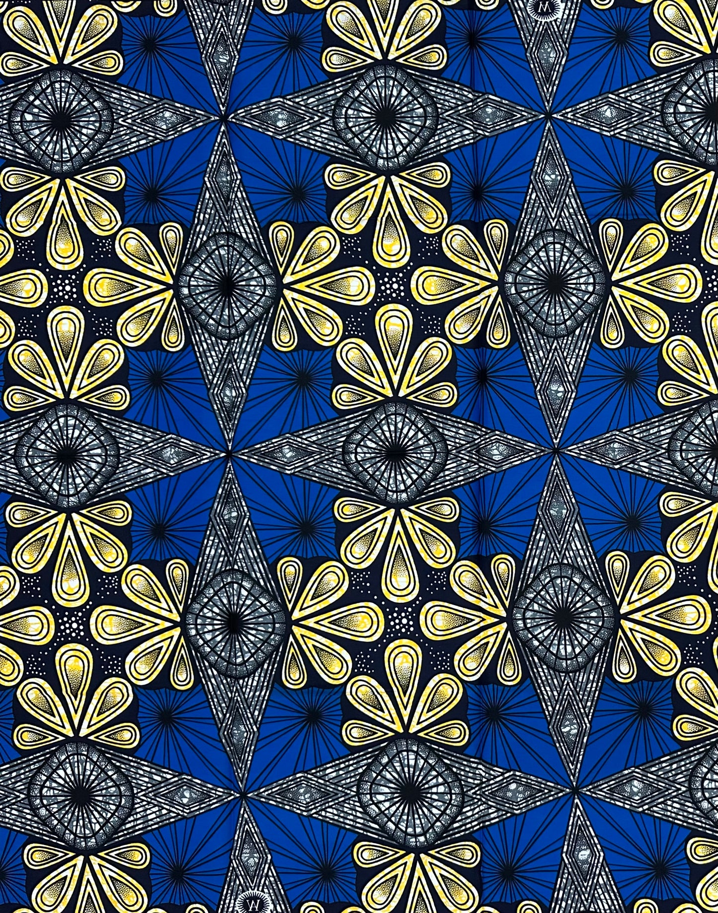 African Print Fabric/ Ankara - Blue, Gray, Yellow 'Compass & Constellations' Design, 1 Yard