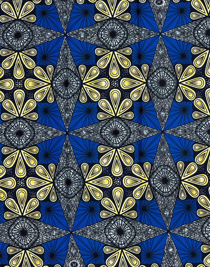 African Print Fabric/ Ankara - Blue, Gray, Yellow 'Compass & Constellations' Design, 1 Yard
