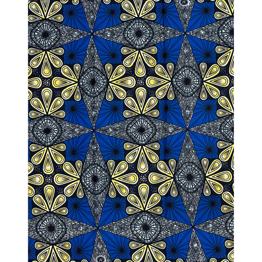 African Print Fabric/ Ankara - Blue, Gray, Yellow 'Compass & Constellations' Design, 1 Yard