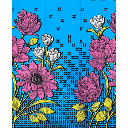 African Print Fabric/ Ankara - Blue, Pink, Yellow ‘Serengeti Flora' Design, 1 YARD