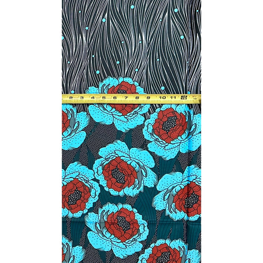 African Print Fabric/ Ankara - Green, Brown, Blue, Black, White 'Queen’s Garden', YARD or WHOLESALE